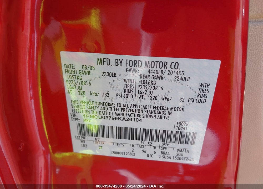 2009 FORD ESCAPE XLT VIN: 1FMCU03799KA26104