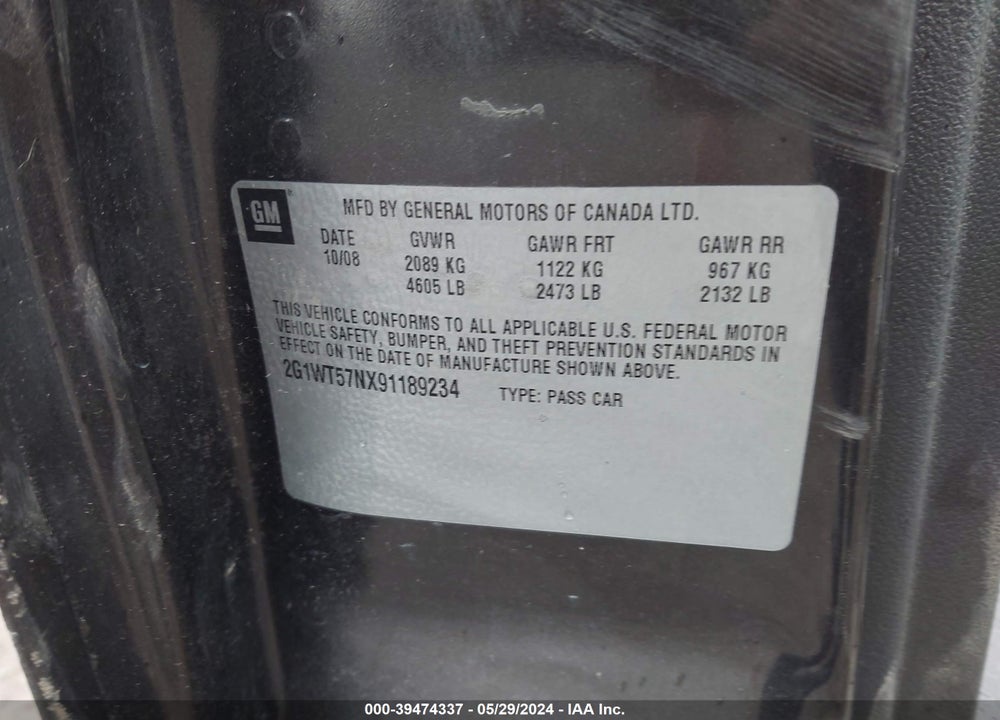 2009 CHEVROLET IMPALA LT VIN: 2G1WT57NX91189234