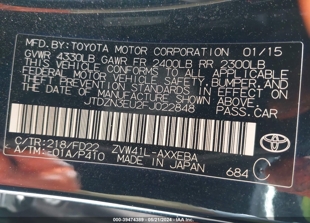 2015 TOYOTA PRIUS V THREE VIN: JTDZN3EU2FJ022848