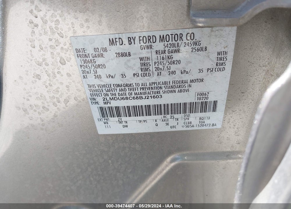 2008 LINCOLN MKX VIN: 2LMDU68C68BJ21603