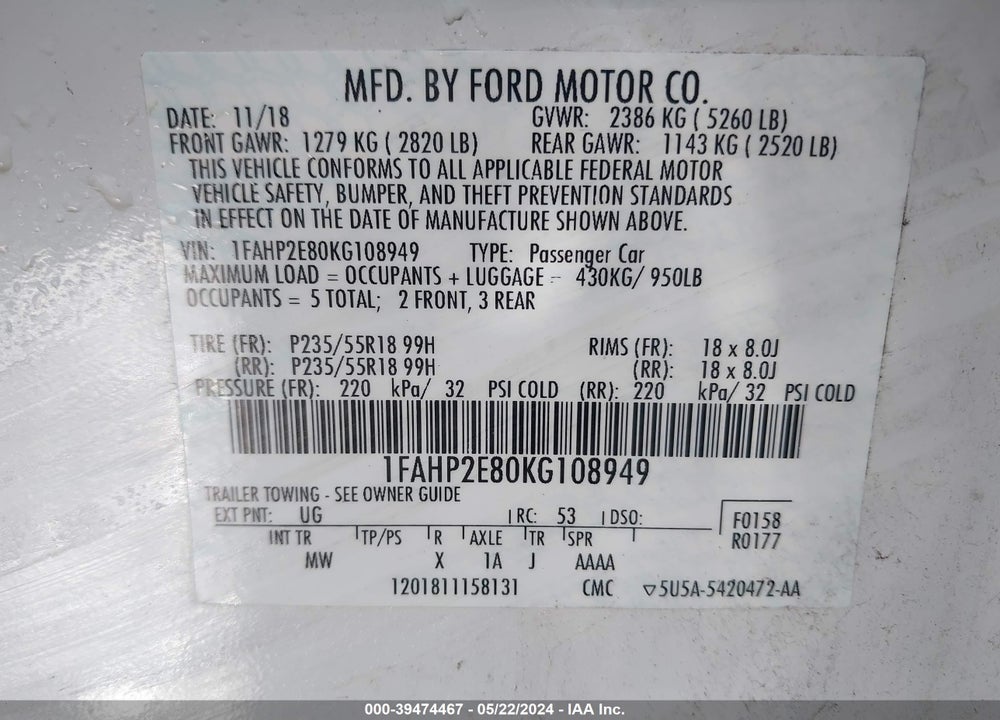 2019 FORD TAURUS SEL VIN: 1FAHP2E80KG108949