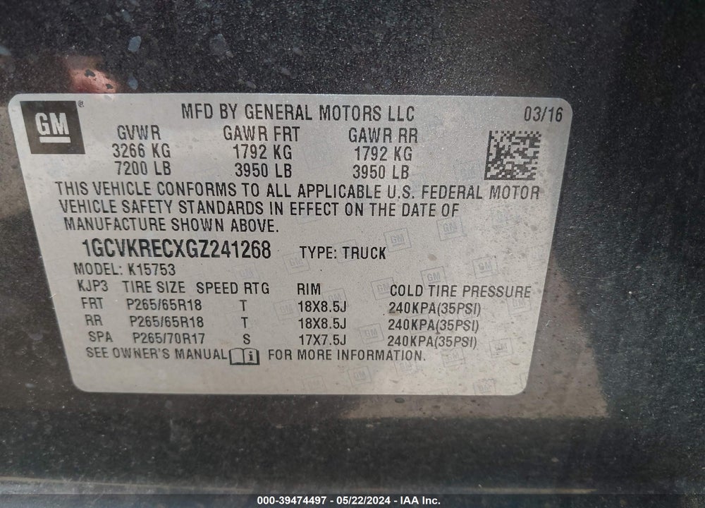 2016 CHEVROLET SILVERADO 1500 1LT VIN: 1GCVKRECXGZ241268