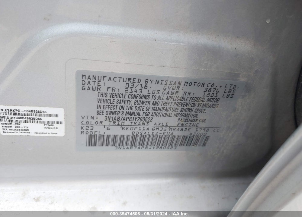 2018 NISSAN SENTRA SV VIN: 3N1AB7AP8JY280523