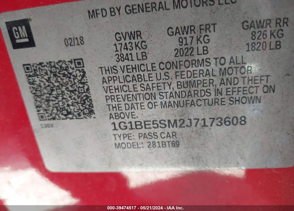 2018 CHEVROLET CRUZE LT AUTO VIN: 1G1BE5SM2J7173608