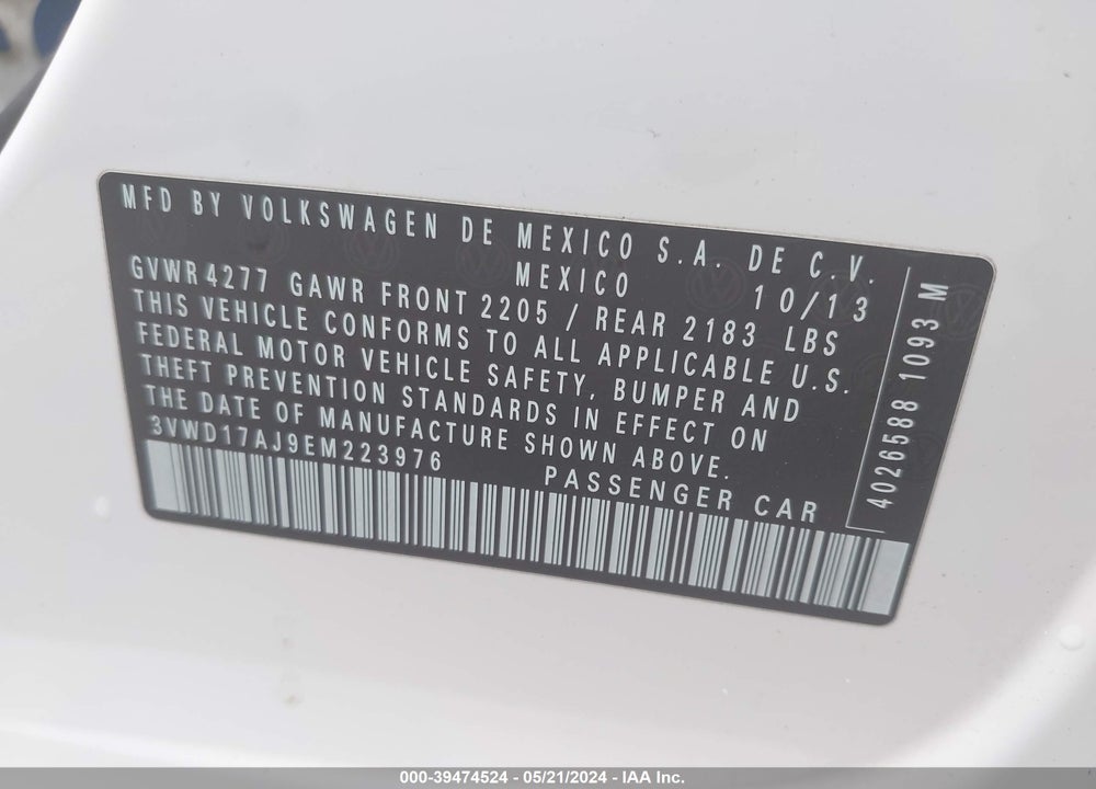 2014 VOLKSWAGEN JETTA 1.8T SE VIN: 3VWD17AJ9EM223976