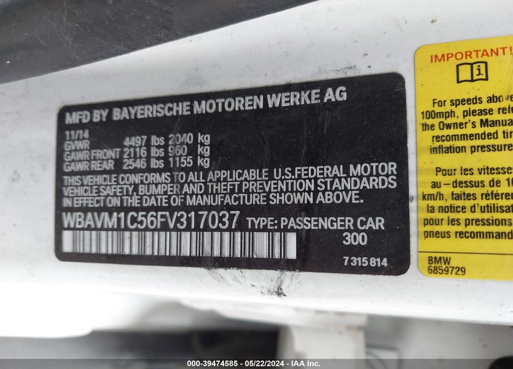 2015 BMW X1 SDRIVE28I VIN: WBAVM1C56FV317037