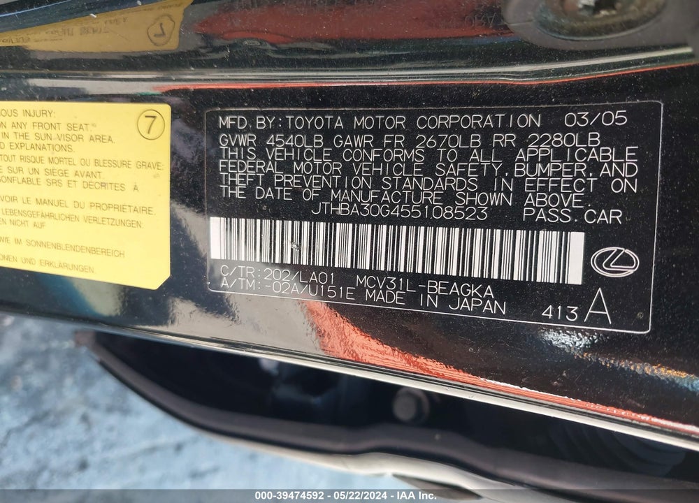 2005 LEXUS ES 330 VIN: JTHBA30G455108523