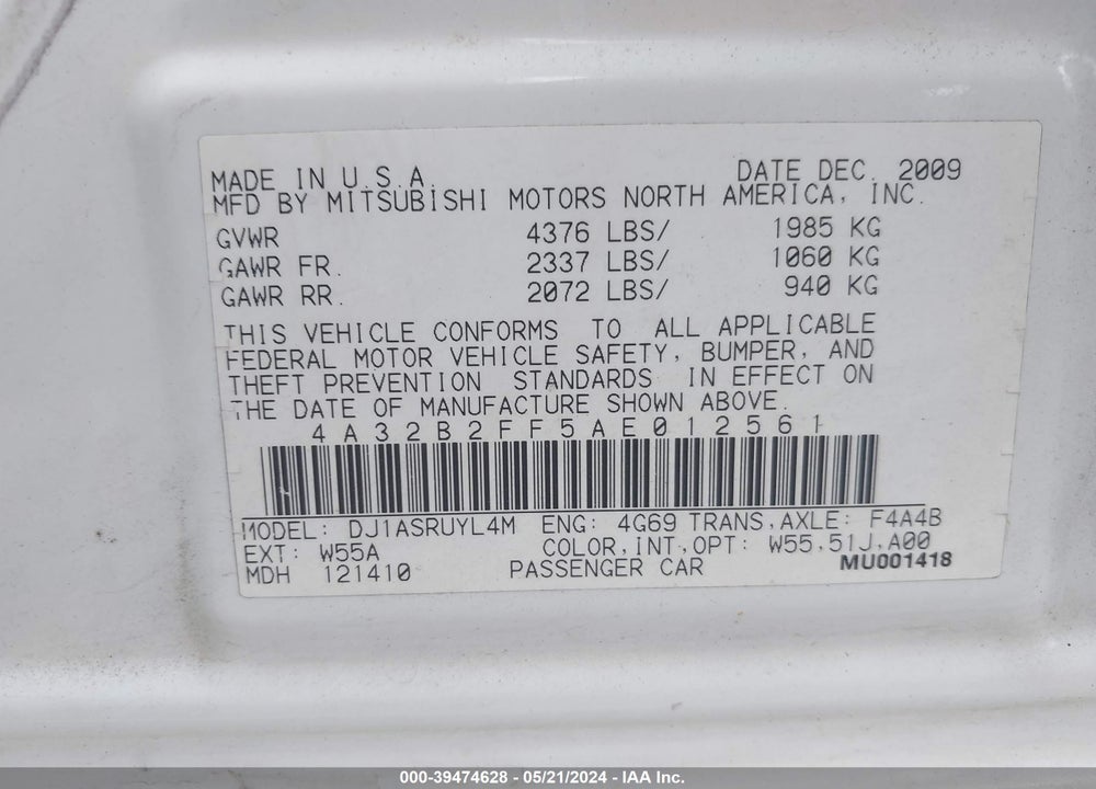 2010 MITSUBISHI GALANT FE VIN: 4A32B2FF5AE012561