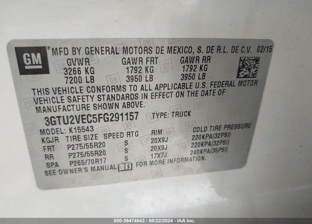 2015 GMC SIERRA 1500 SLT VIN: 3GTU2VEC5FG291157