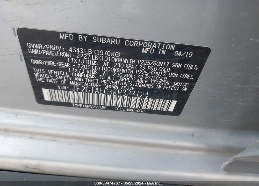 2019 SUBARU CROSSTREK 2.0I PREMIUM VIN: JF2GTAEC3KH323124