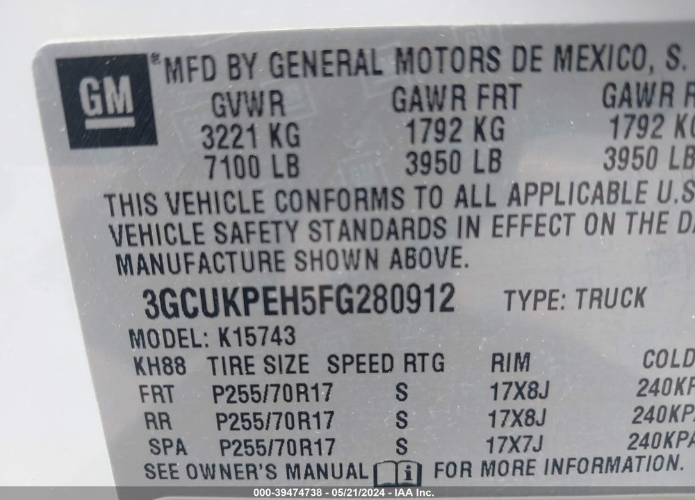 2015 CHEVROLET SILVERADO 1500 WT VIN: 3GCUKPEH5FG280912