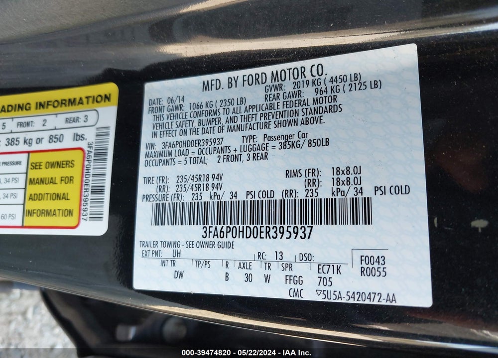 2014 FORD FUSION SE VIN: 3FA6P0HD0ER395937