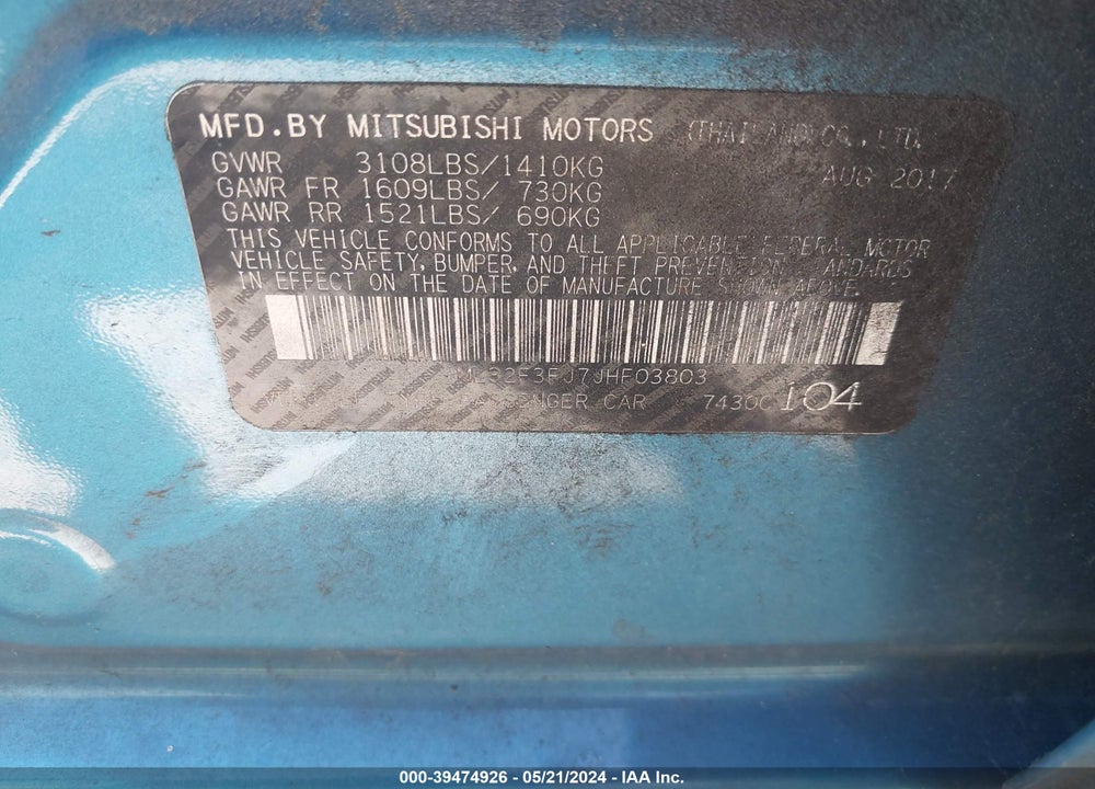 2018 MITSUBISHI MIRAGE G4 ES VIN: ML32F3FJ7JHF03803