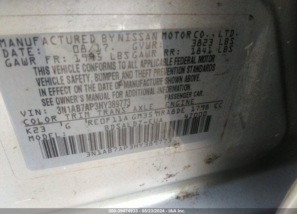 2017 NISSAN SENTRA SV VIN: 3N1AB7AP3HY389773