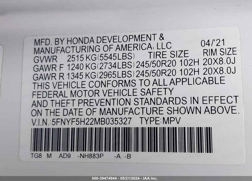 2021 HONDA PILOT 2WD SPECIAL EDITION VIN: 5FNYF5H22MB035327