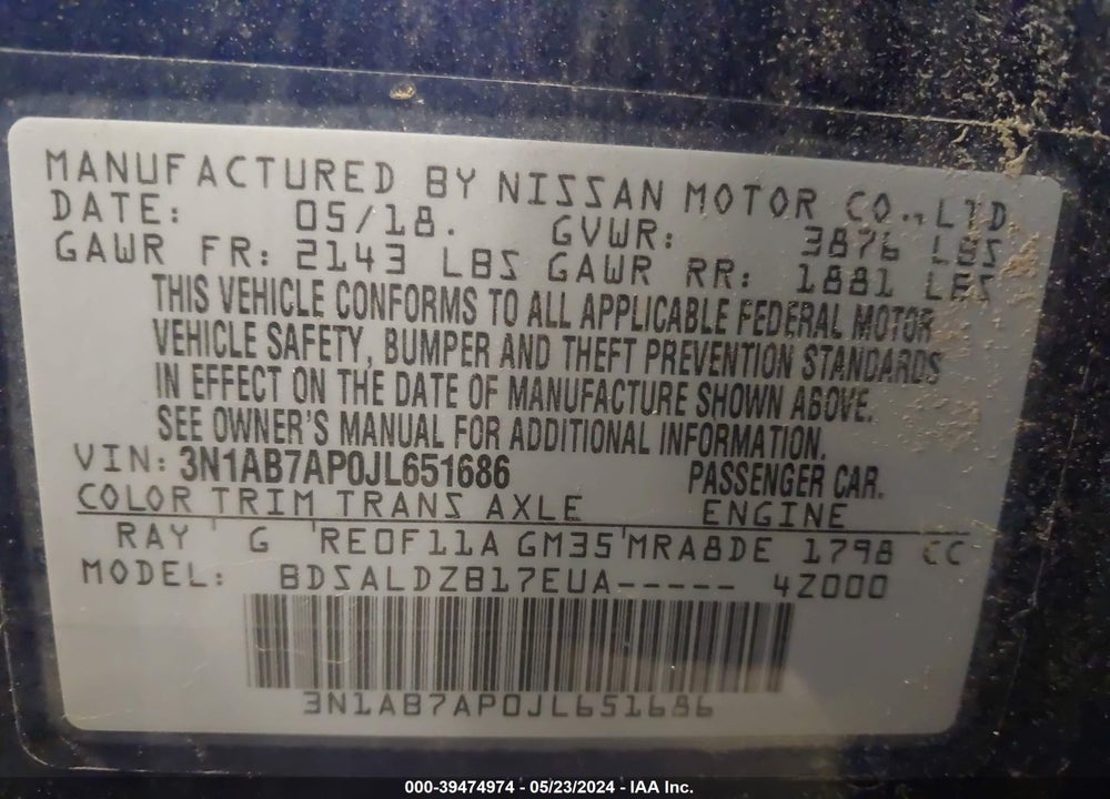 2018 NISSAN SENTRA SV VIN: 3N1AB7AP0JL651686