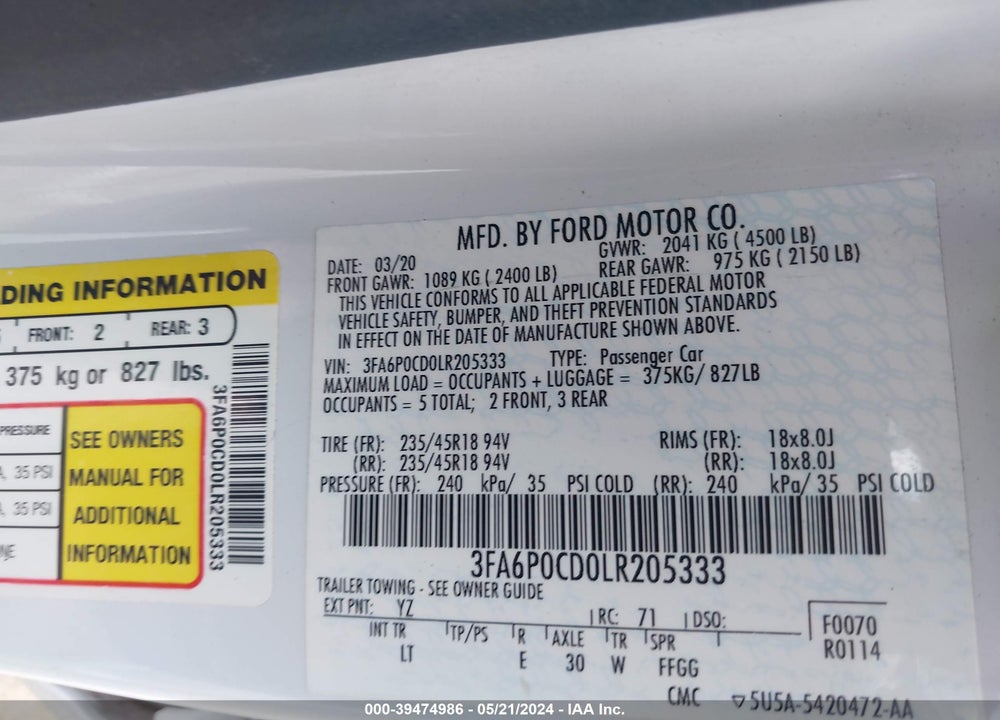2020 FORD FUSION SEL VIN: 3FA6P0CD0LR205333