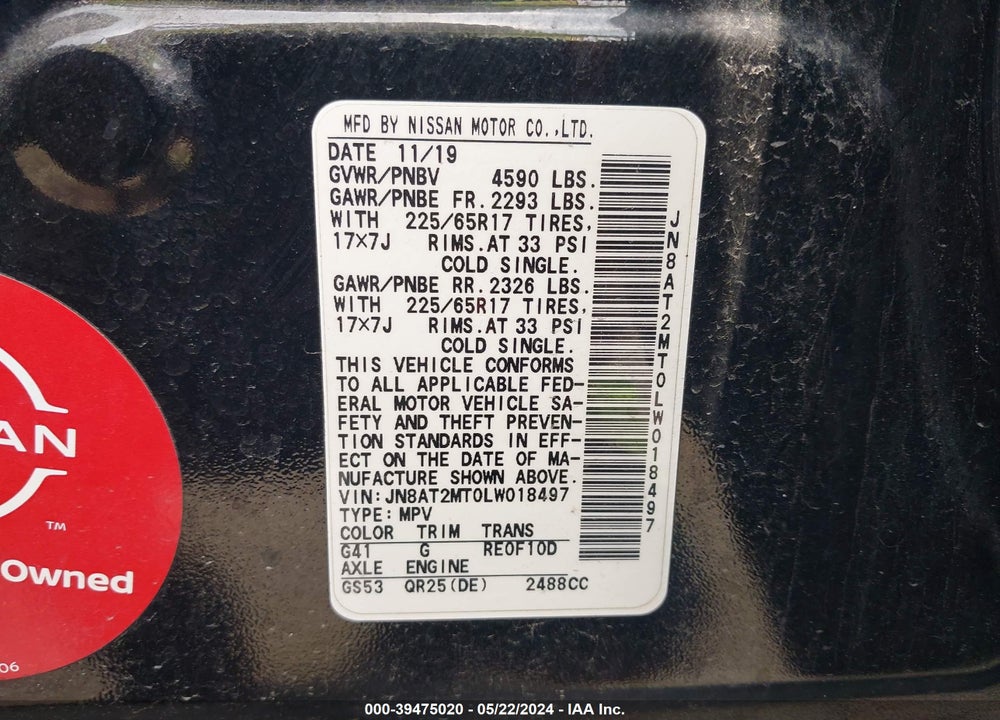 2020 NISSAN ROGUE SV FWD VIN: JN8AT2MT0LW018497