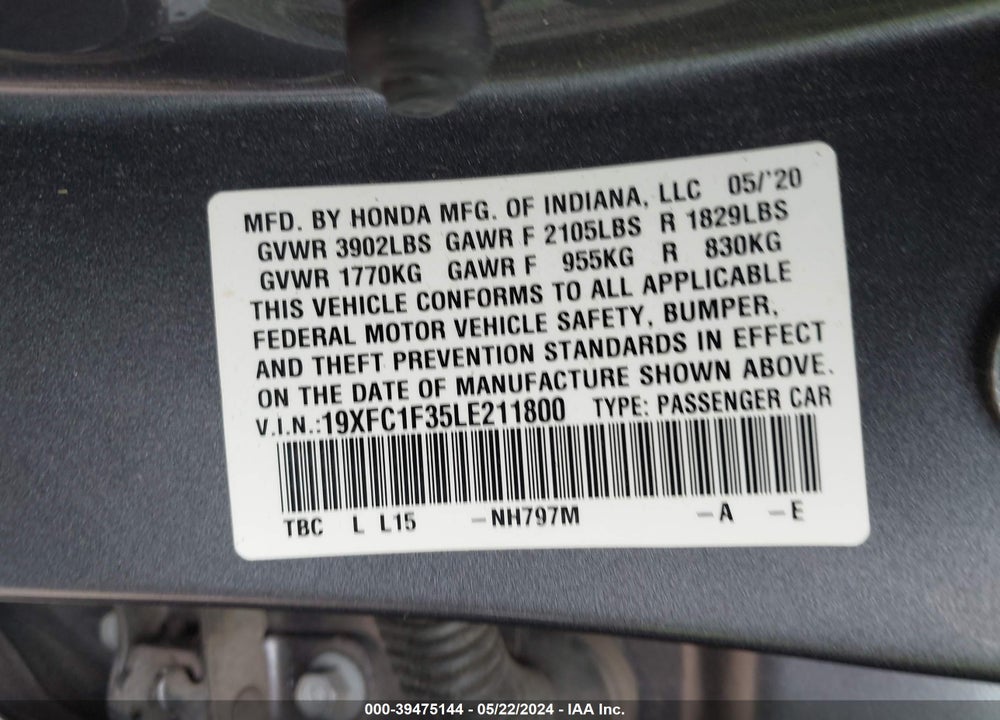 2020 HONDA CIVIC EX VIN: 19XFC1F35LE211800