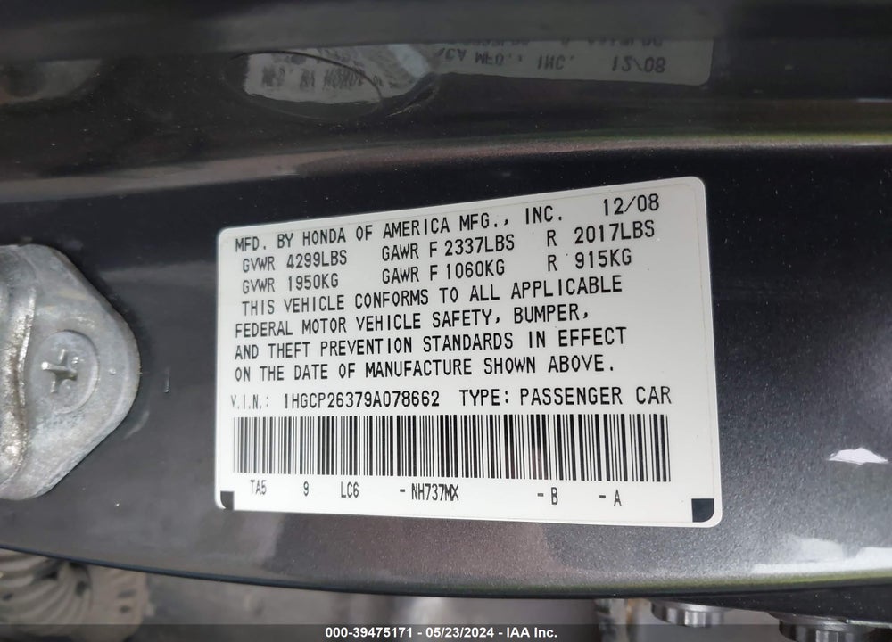 2009 HONDA ACCORD 2.4 LX VIN: 1HGCP26379A078662
