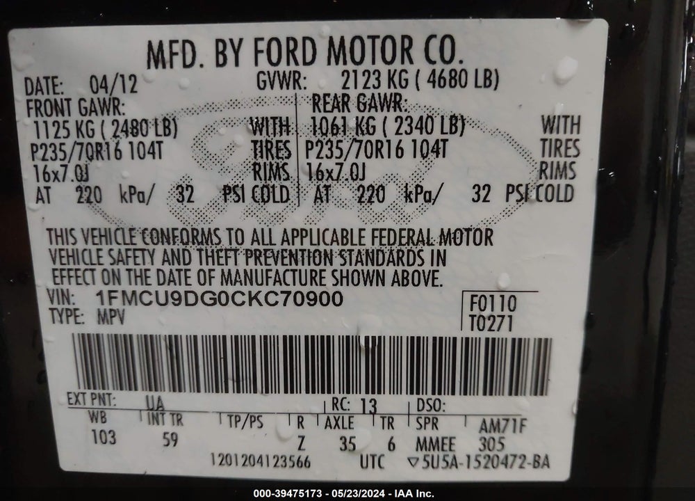 2012 FORD ESCAPE XLT VIN: 1FMCU9DG0CKC70900