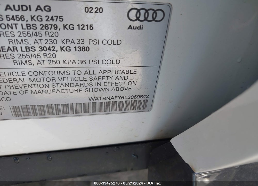 2020 AUDI Q5 PREMIUM PLUS 45 TFSI QUATTRO S TRONIC VIN: WA1BNAFY6L2069842
