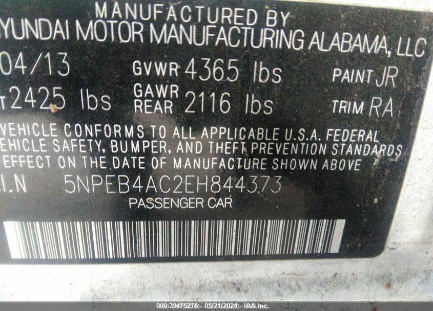 2014 HYUNDAI SONATA GLS VIN: 5NPEB4AC2EH844373