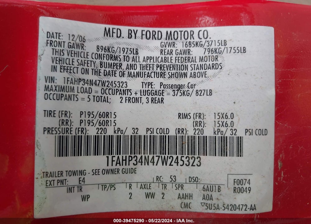 2007 FORD FOCUS S/SE/SES VIN: 1FAHP34N47W245323