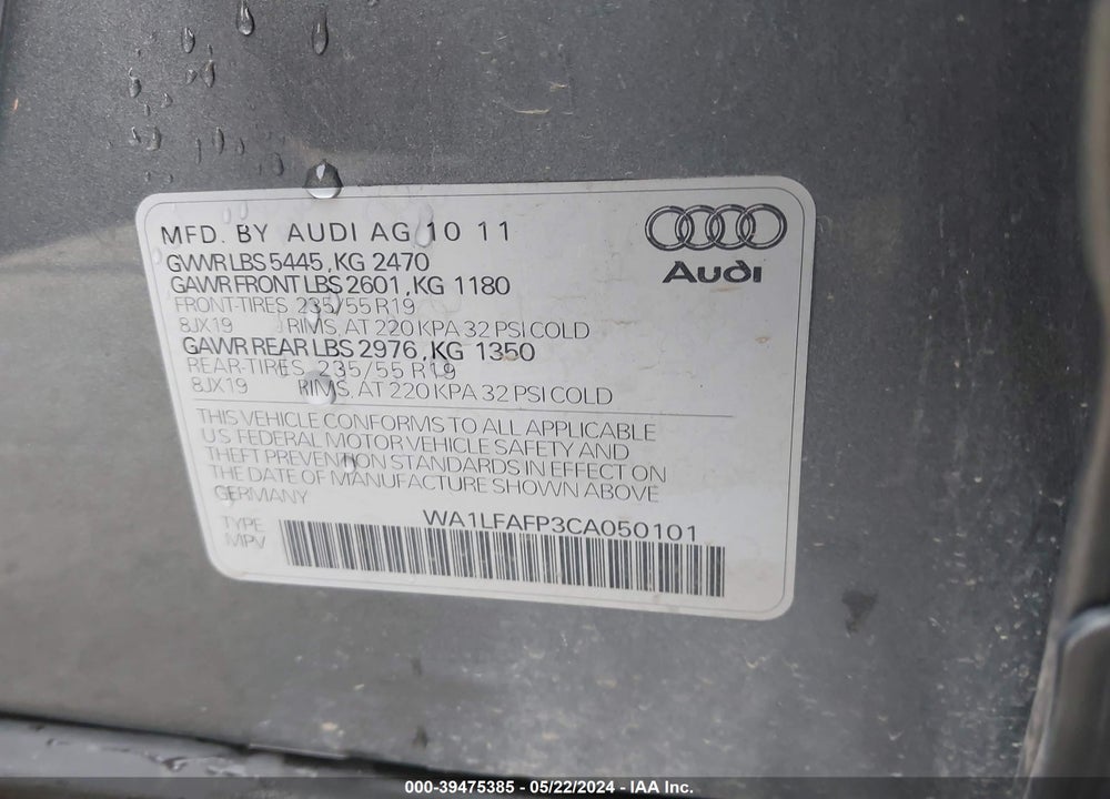 2012 AUDI Q5 VIN: WA1LFAFP3CA050101
