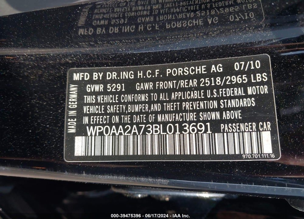 2011 PORSCHE PANAMERA 4 VIN: WP0AA2A73BL013691
