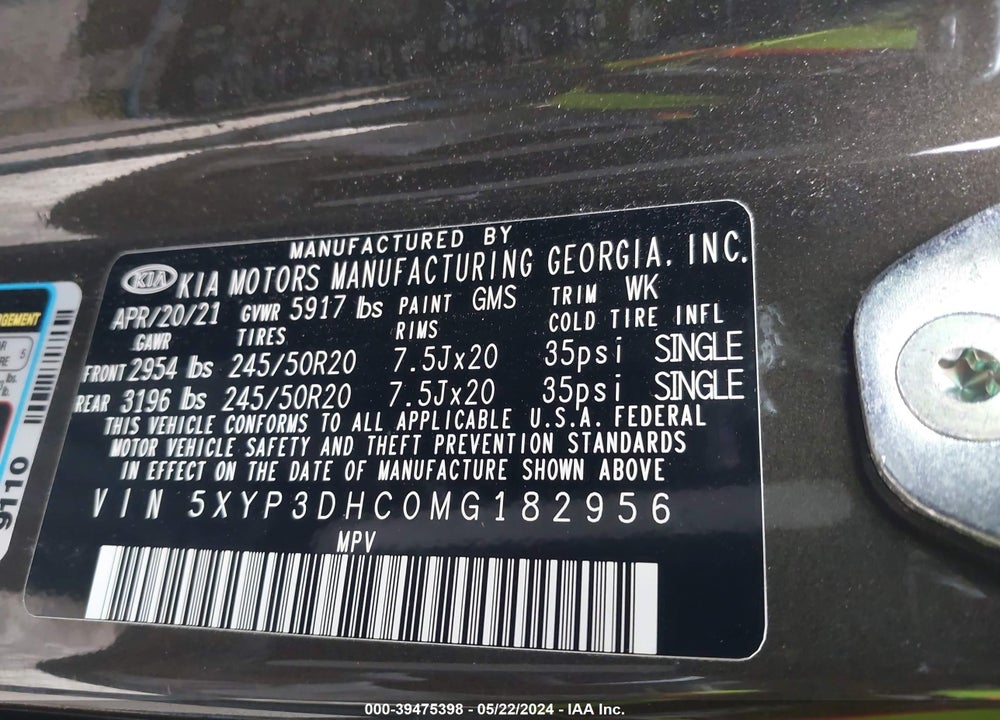 2021 KIA TELLURIDE EX VIN: 5XYP3DHC0MG182956