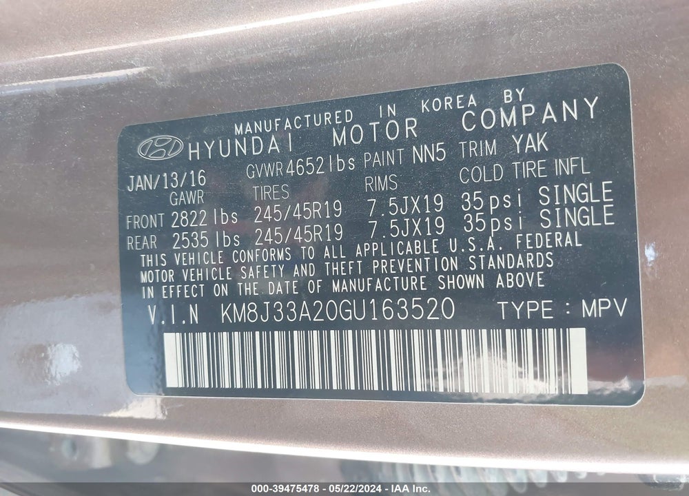 2016 HYUNDAI TUCSON LIMITED VIN: KM8J33A20GU163520