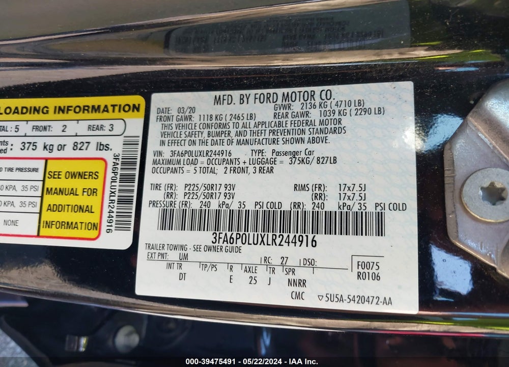 2020 FORD FUSION HYBRID SE VIN: 3FA6P0LUXLR244916