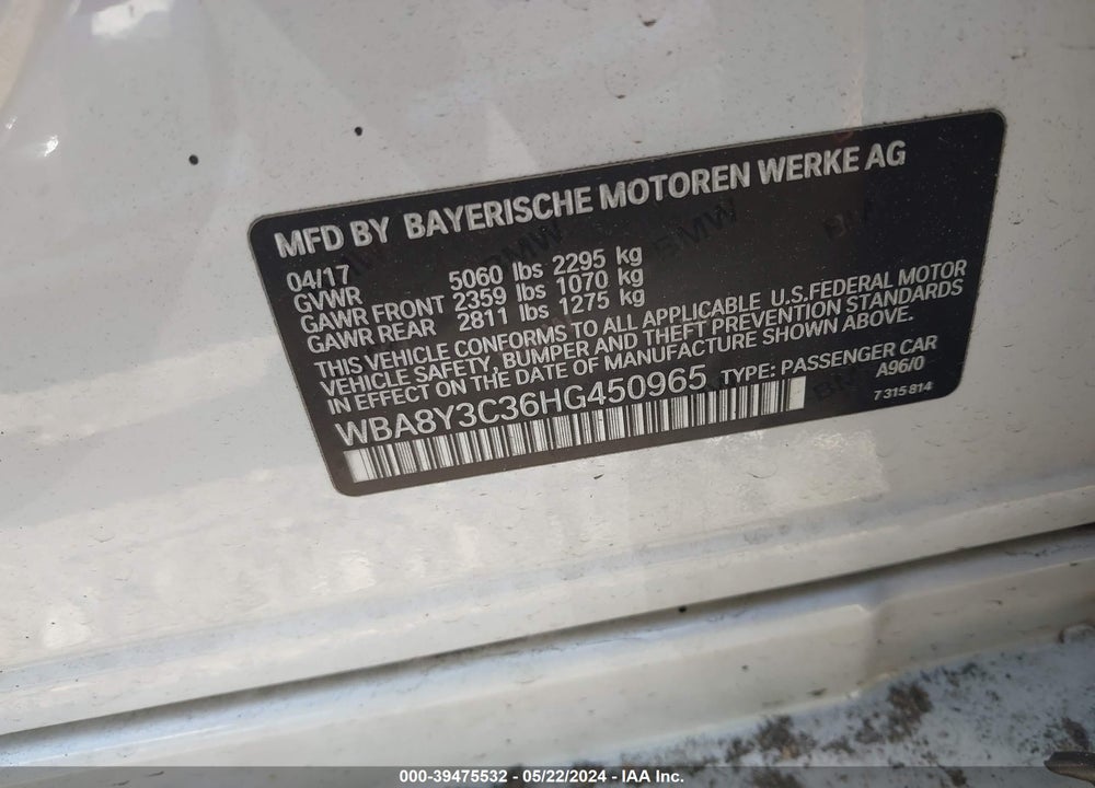 2017 BMW 340I GRAN TURISMO VIN: WBA8Y3C36HG450965