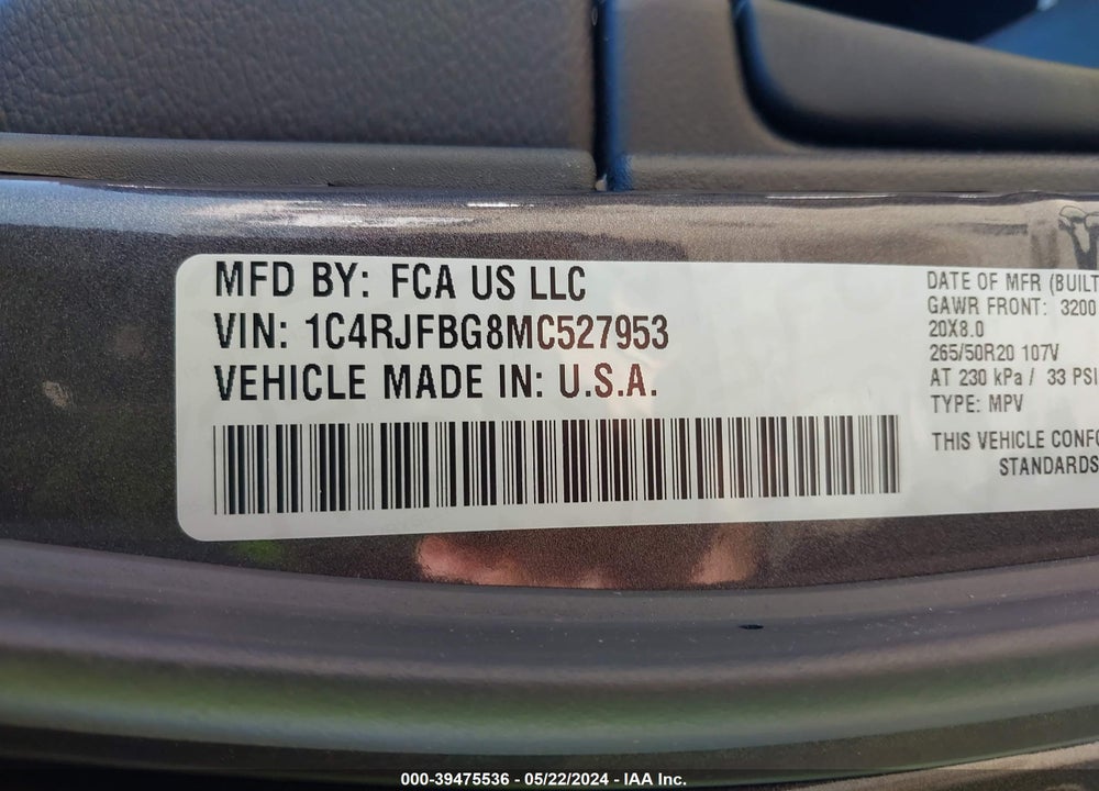 2021 JEEP GRAND CHEROKEE 80TH ANNIVERSARY 4X4 VIN: 1C4RJFBG8MC527953