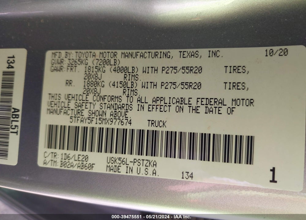 2021 TOYOTA TUNDRA PLATINUM VIN: 5TFAY5F15MX977674