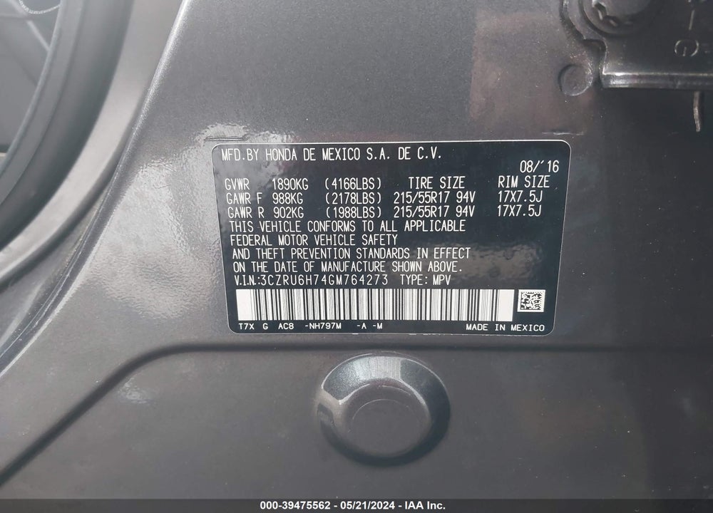 2016 HONDA HR-V EX-L VIN: 3CZRU6H74GM764273