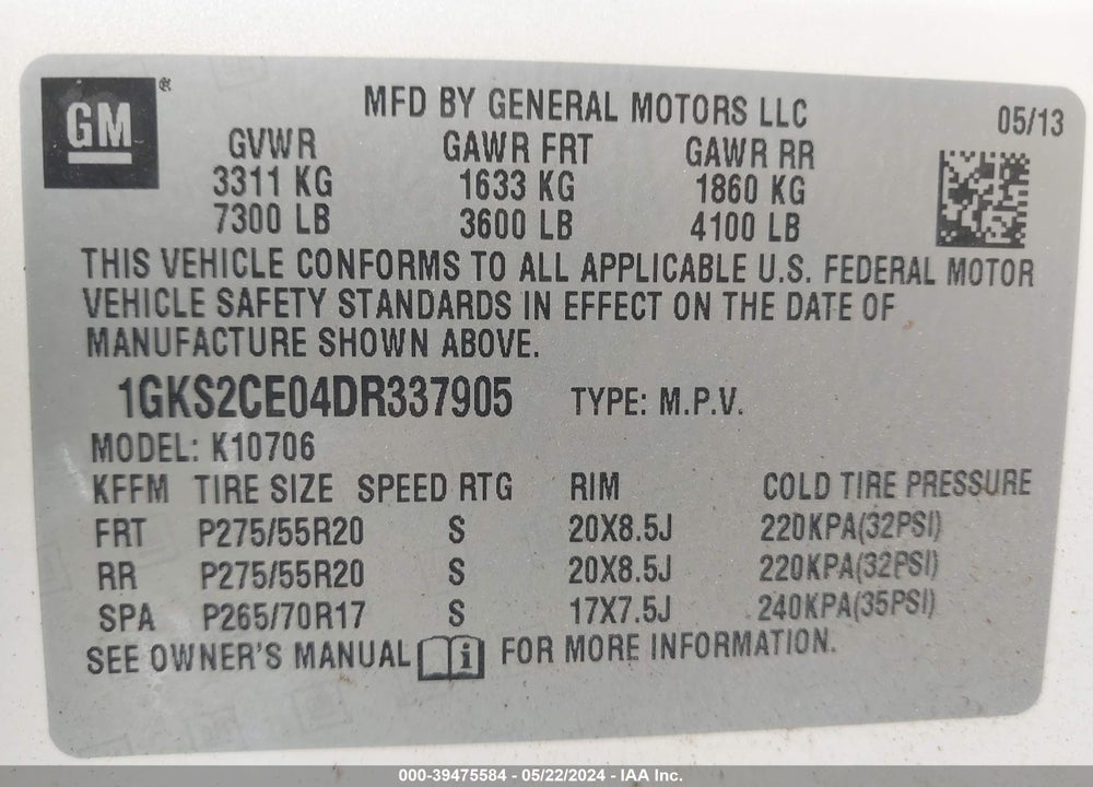 2013 GMC YUKON SLT VIN: 1GKS2CE04DR337905