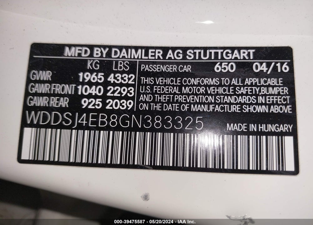 2016 MERCEDES-BENZ CLA 250 VIN: WDDSJ4EB8GN383325