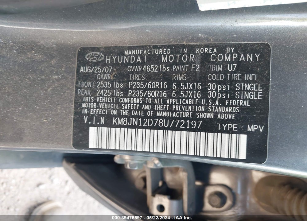 2008 HYUNDAI TUCSON LIMITED V6/SE VIN: KM8JN12D78U772197