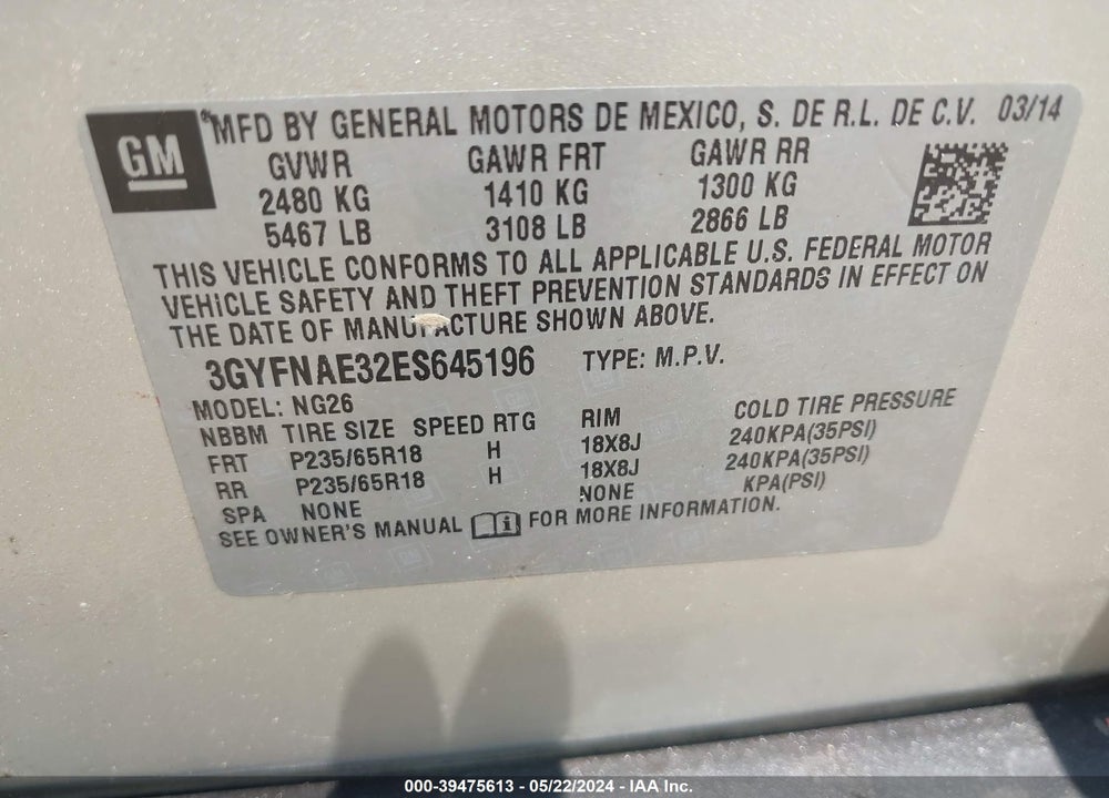 2014 CADILLAC SRX VIN: 3GYFNAE32ES645196