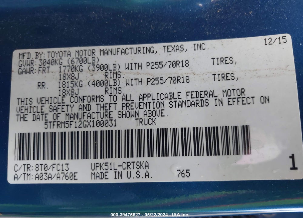 2016 TOYOTA TUNDRA SR5 4.6L V8 VIN: 5TFRM5F12GX100031