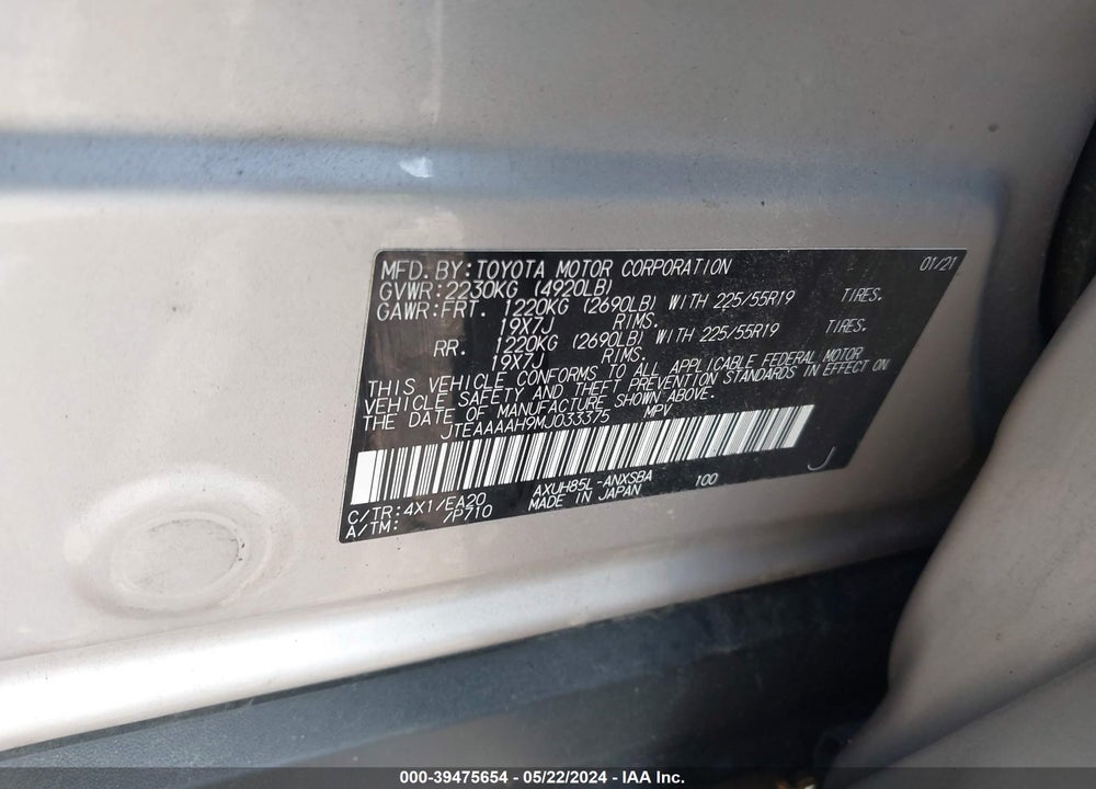 2021 TOYOTA VENZA LIMITED VIN: JTEAAAAH9MJ033375