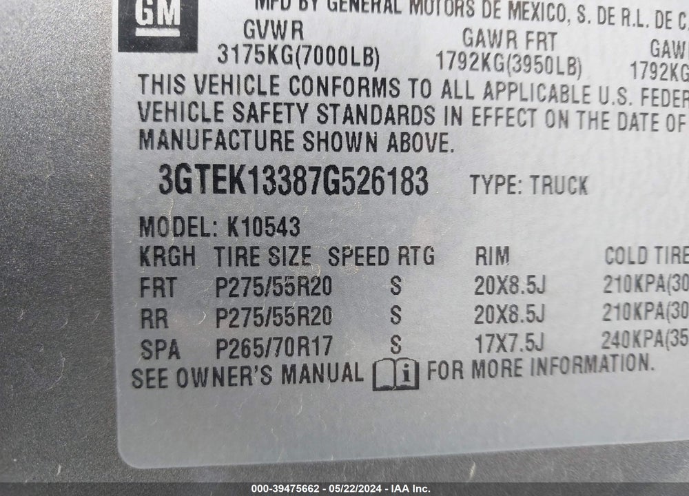 2007 GMC SIERRA 1500 SLT VIN: 3GTEK13387G526183