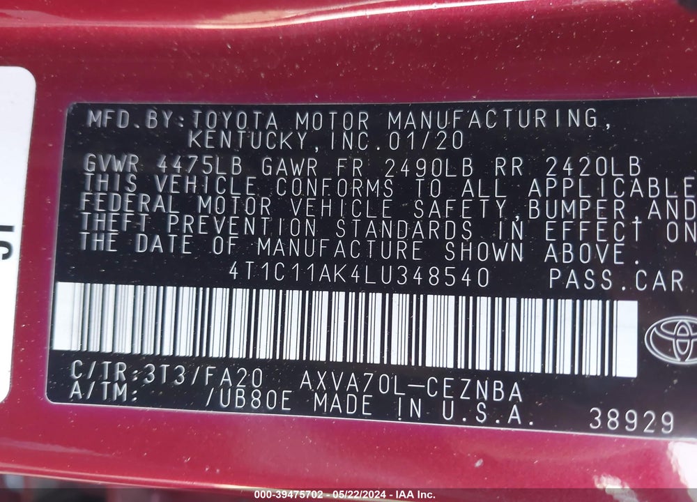2020 TOYOTA CAMRY LE VIN: 4T1C11AK4LU348540