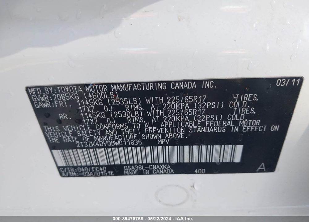 2011 TOYOTA RAV4 BASE V6 VIN: 2T3ZK4DV0BW011836
