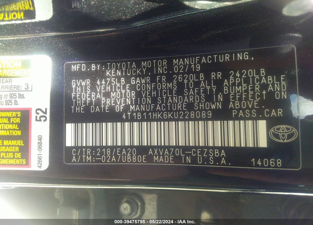 2019 TOYOTA CAMRY SE VIN: 4T1B11HK6KU228089