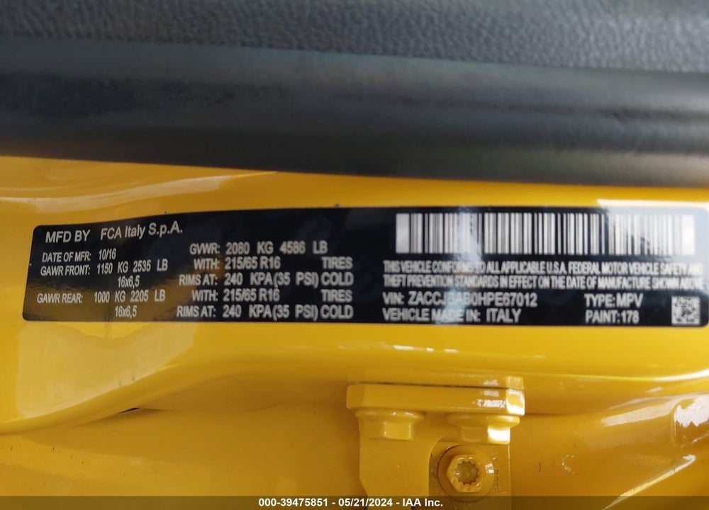 2017 JEEP RENEGADE SPORT 4X4 VIN: ZACCJBAB0HPE67012