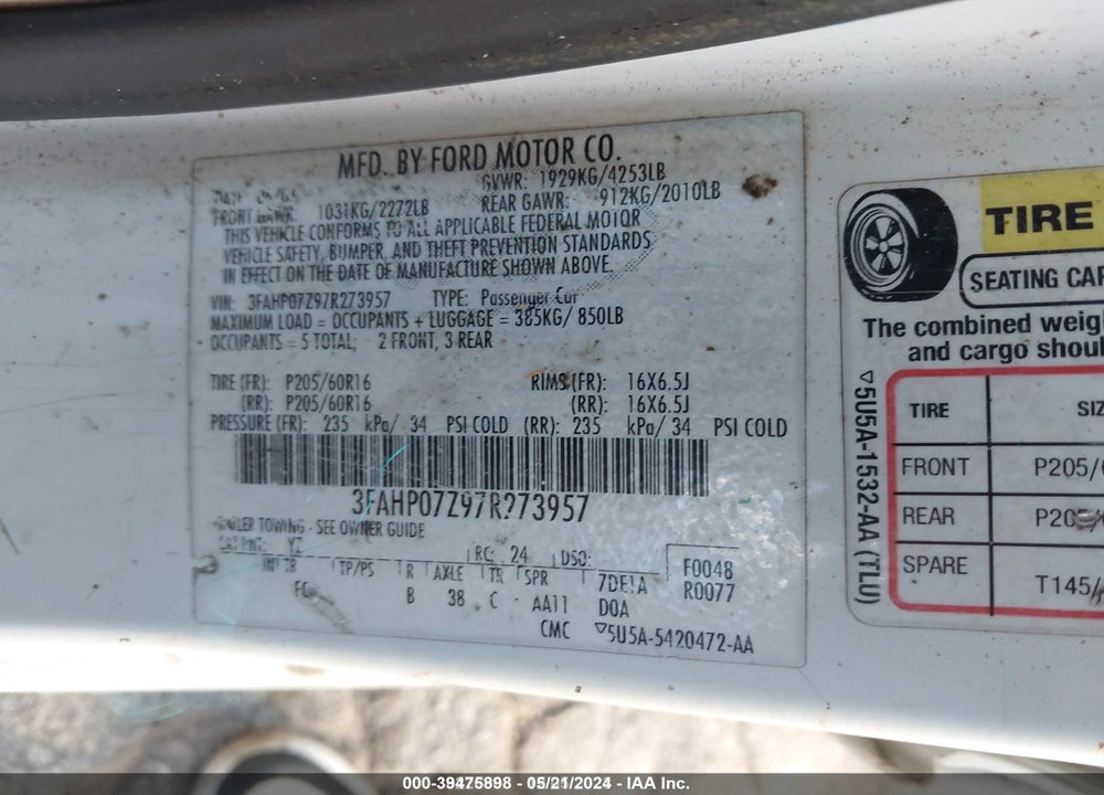 2007 FORD FUSION VIN: 3FAHP07Z97R273957