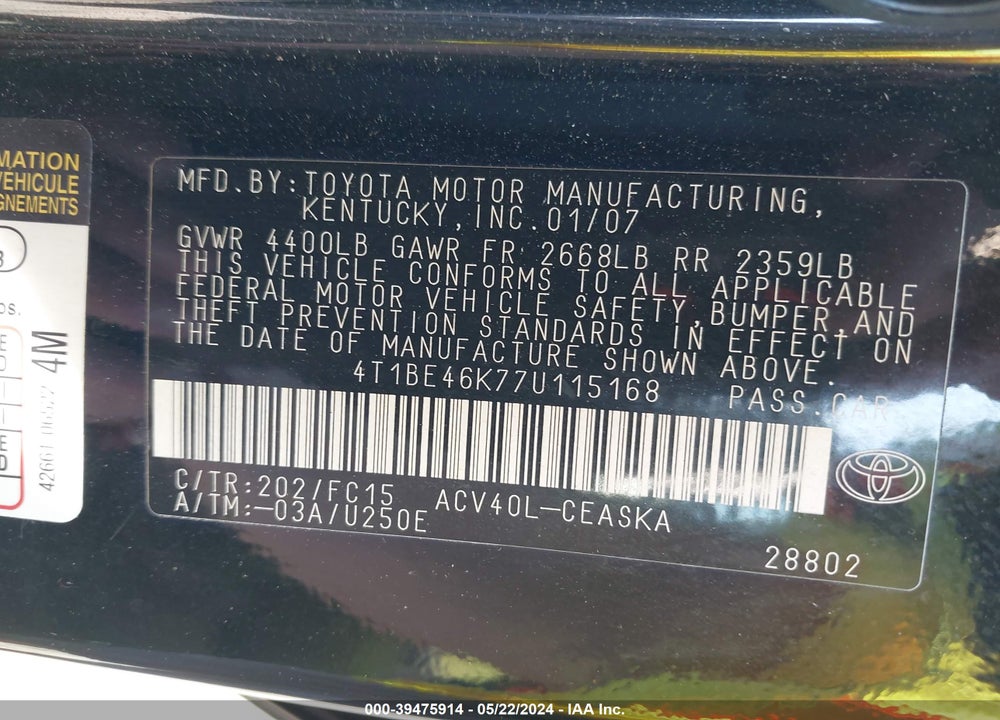 2007 TOYOTA CAMRY SE VIN: 4T1BE46K77U115168